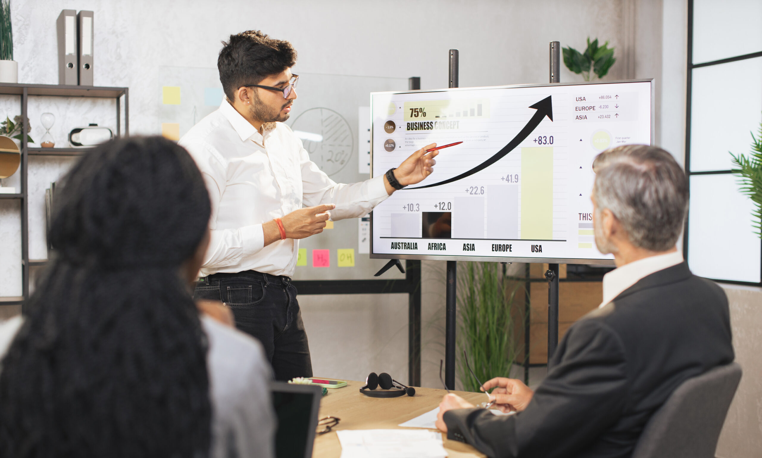 Team of diverse attentive mixed race business people listening their middle aged male bearded indian chief showing dynamics of key ecological global problems or world market using digital wall screen